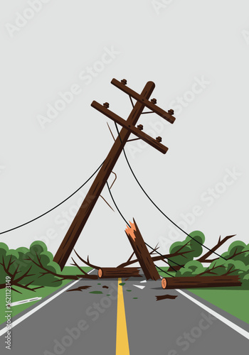 Broken wooden utility pole fallen across road with detached power lines and green trees on roadside vector illustration