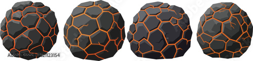 Set of volcanic lava rock stones with glowing cracks vector illustration for geological design and natural elements