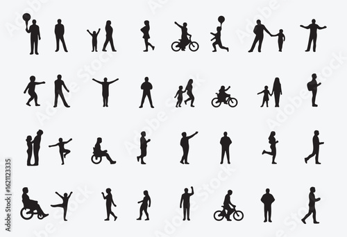  Collection of human silhouettes in various dynamic poses such as walking, cycling, cheering, pointing, and interacting—ideal for lifestyle, community, or activity-based designs.