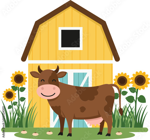 Brown cow standing near yellow barn with sunflowers and green grass in farm countryside vector illustration