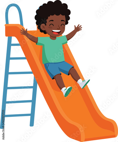 Child having fun sliding down orange playground slide with blue ladder in sunny outdoor play area