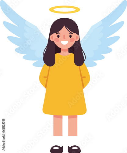 Cute cartoon angel girl with yellow dress and blue wings smiling happily vector illustration