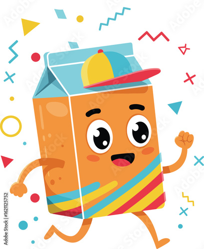 Cartoon running juice carton with colorful stripes and cap vector illustration in playful style