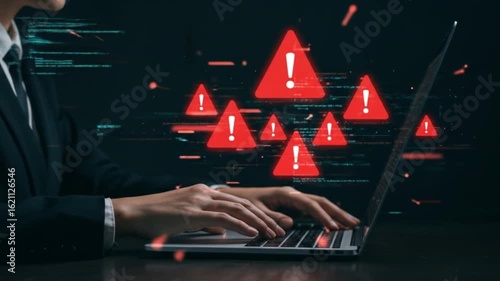 Person typing on a laptop with multiple red warning signs displayed on the screen in the background
