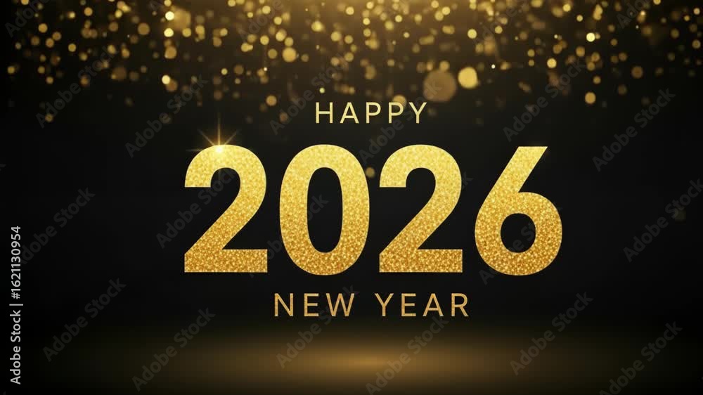 custom made wallpaper toronto digitalFlat illustration of happy new year 2026 greeting with sparkling gold glitter and lights on a black background