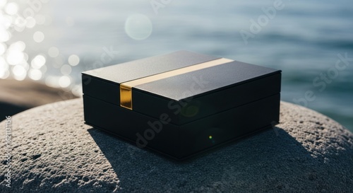 Sleek black box rests on a rock by the water