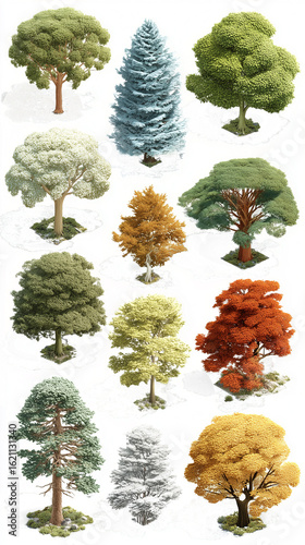 A dynamic series of axonometric tree visualizations, shot from a conceptual bird's eye view. Each tree floats gently, creating a hovering effect without any grounding elements - perfect for schematic 