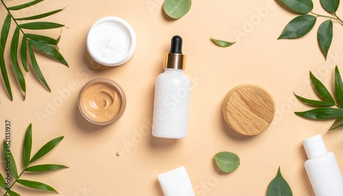 Cosmetic Product Display with Leaves on a Beige Background in Flat Lay Style