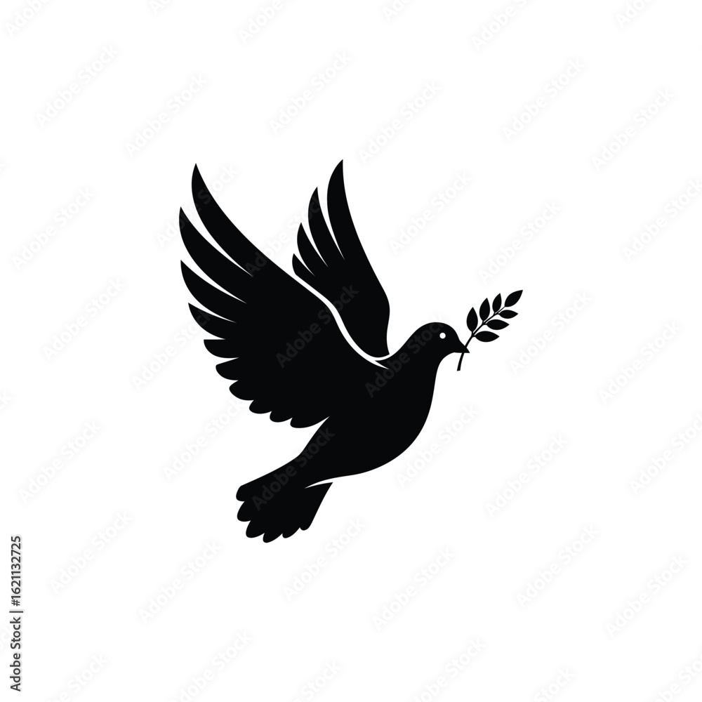 Obraz premium Black silhouette of a flying dove with an olive branch, a powerful symbol of universal peace, hope, and spiritual freedom, ideal for conceptual design and illustrative projects.