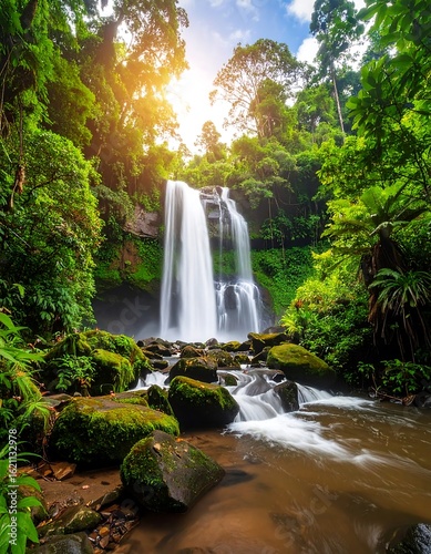 Lush waterfall cascading through a verdant jungle