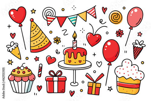 Colorful hand drawn birthday elements featuring cake balloons cupcakes party decorations stars and hearts