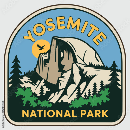 Yosemite national park vintage sticker featuring half dome and pine trees
