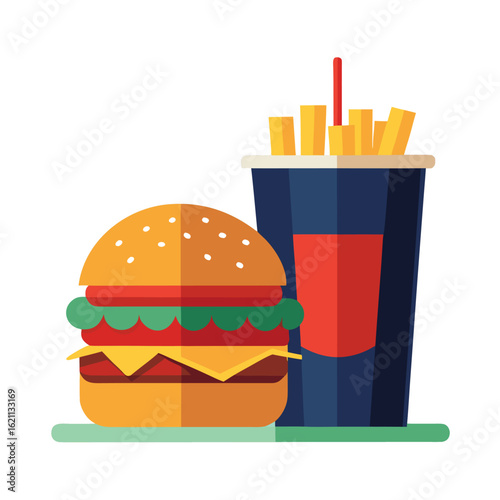 Colorful fast food meal with burger, fries, and drink