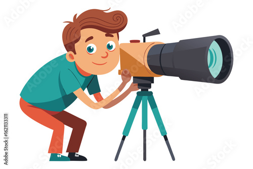 Curious young boy gazing through a telescope exploring the wonders of space astronomy and science for education