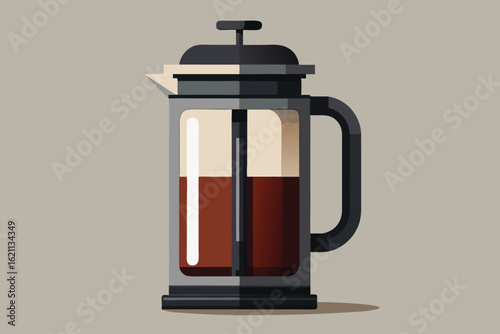 Flat vector illustration of a modern french press coffee maker on a neutral background depicting morning rituals