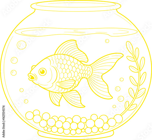 Goldfish swimming in a glass bowl with bubbles and aquatic plant animal