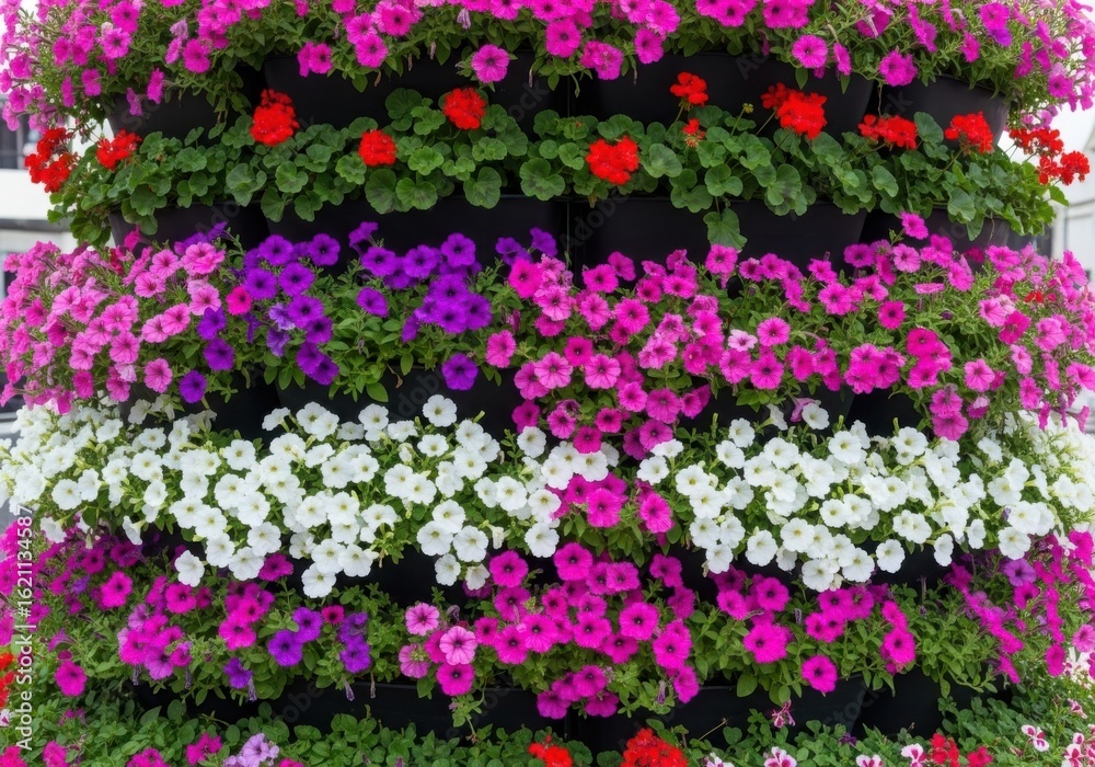 Fototapeta premium A vibrant display of colorful petunias in a stacked arrangement