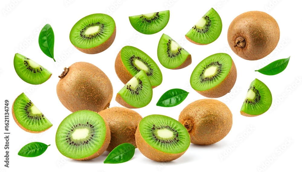 Fresh Kiwi Fruit Slices and Whole Kiwis with Green Leaves on White