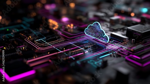 Glowing Digital Circuit Board with Pixel Cloud - Neon Pink/Purple Tech Pathways on Dark Background