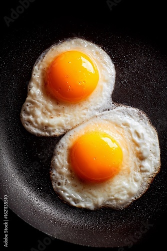 Fotografija Two sunny side up eggs sizzle in a black skillet on the stovetop, showcasing bri