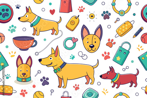 Playful seamless pattern featuring adorable cartoon dogs paw prints and pet supplies on white background