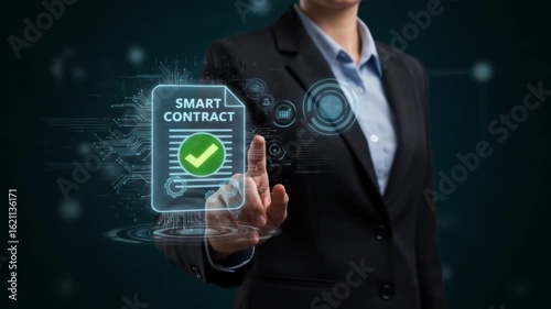 A person in a suit interacts with a smart contract interface on a digital display in the dark space