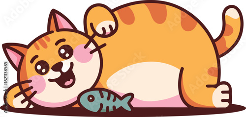 Whimsical cartoon illustration of a chubby orange tabby cat playing happily with its fish toy. A cute and standout feline character.