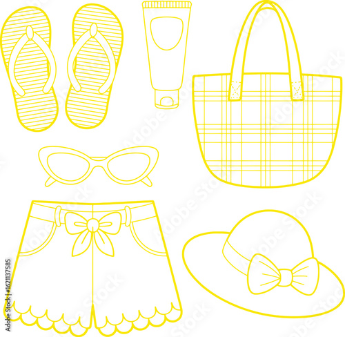 Summer beach vacation clothing accessories and sun protection vector silhouette