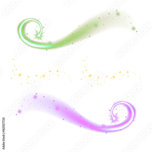 Magical Pastel Swirls: Glowing Light Trails, Stars, and Sparkles; Fantasy Design Elements.