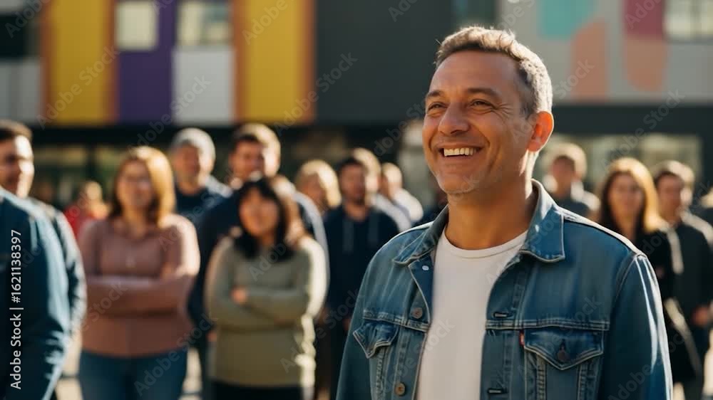 Diverse Group Celebrates Success: Smiling Man Leads Cheerful Crowd in Urban Setting Diverse Group Celebrates Success: Smiling Man Leads Cheerful Crowd in Urban Setting