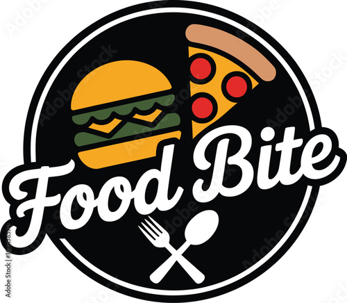 Fast food logo design with burger and pizza illustration. Vector emblem for a restaurant or eatery business with fork and spoon.
