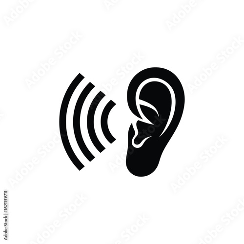 Minimalist ear and sound wave icon in black. A clean vector graphic representing listening, audio signal, and acoustic perception.