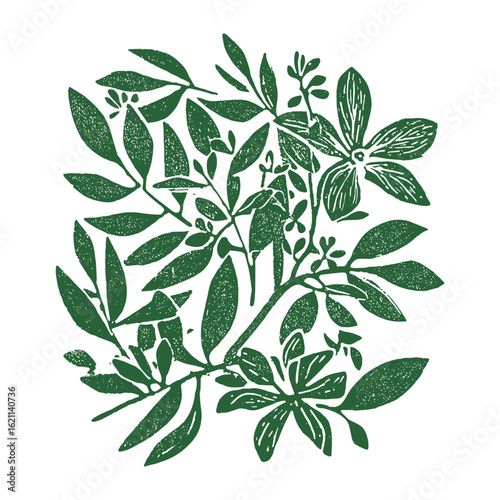 Green botanical linocut print with leaves and flowers vector