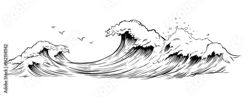 Ocean waves with soaring seabirds crashing waves black and white