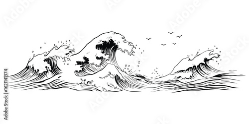 Ocean waves with soaring birds water nature