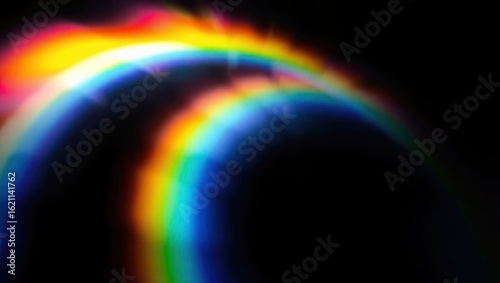 Blurred rainbow refraction overlay effect. Light lens prism effect on black background. Holographic reflection, crystal flare leak shadow overlay. Colorful rainbow disco ball light