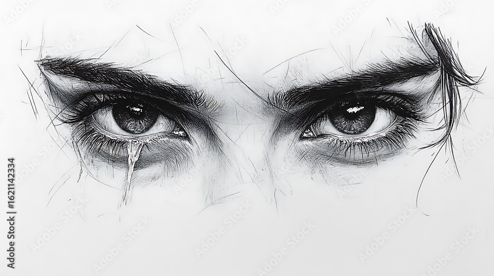Obraz premium Detailed grayscale drawing of a woman's eye with tears.