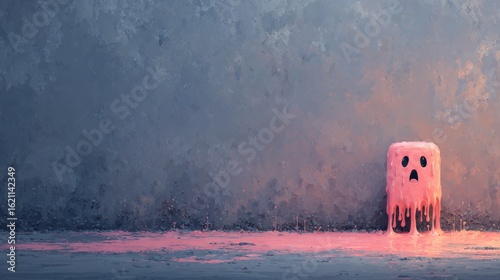 Melting pink jelly cube character showing fear in empty room