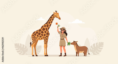 Exploring The Wildlife Young Woman Presenting A Giraffe With A Flower