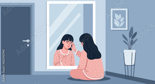 Facing The Mirror A Girl Dealing With Sadness At Home Illustration