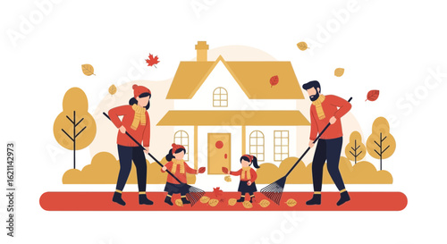 Family actively raking leaves in the yard during autumn season with house background adding seasonal charm and togetherness