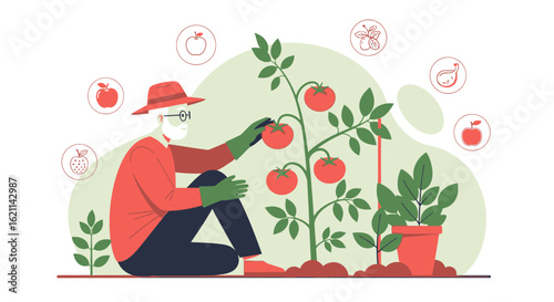 Elderly man gardening, harvesting tomatoes with icons representing fruits around him showing his love and care for his garden