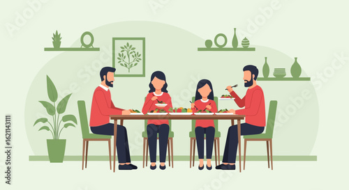 Family Dinner Together At Home Illustrative Vector Enjoying Meal