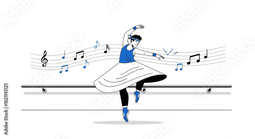 Elegant and rhythmic ballet dancer with musical notes in a graceful pose vector illustration
