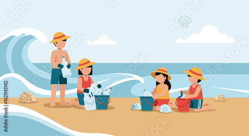 Family Enjoying Time And Cleaning Up Plastic Waste On Beautiful Beach