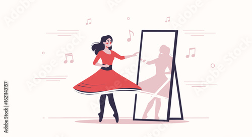 Elegant ballerina in red dress practices her ballet moves in front of a mirror gracefully