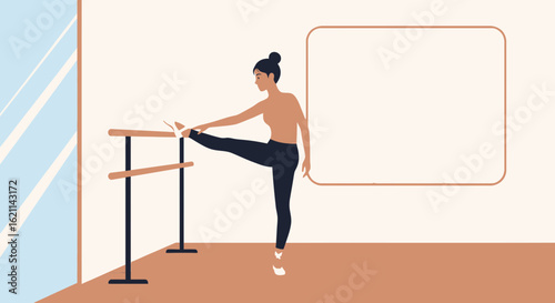 Elegant Ballerina Stretching Leg At Barre For Dance Practice Inside Studio
