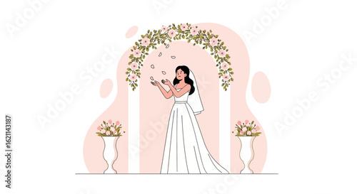Elegant bride tossing flower petals under a floral arch on her wedding day vector illustration