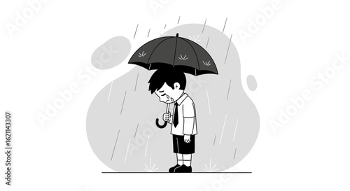 Crying Student Standing Under Umbrella Feeling Sad In Rainy Season Weather