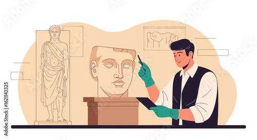 Curator Inspecting Ancient Sculptures In Museum For Art Conservation
